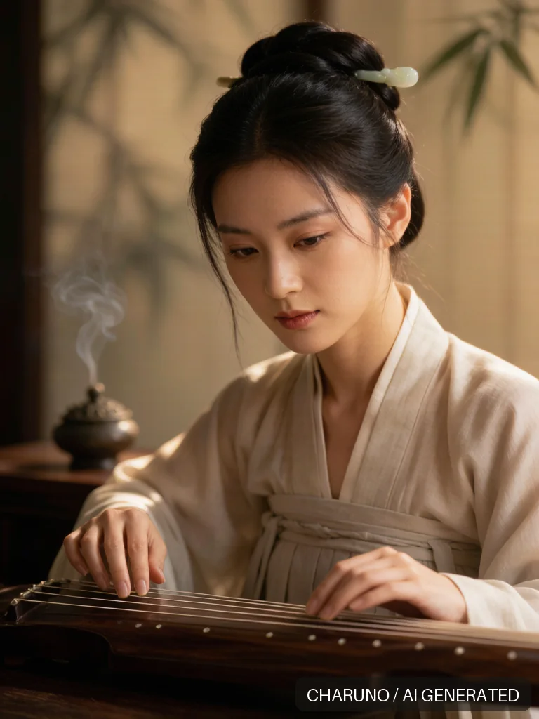 古琴女乐师 · 图库，第 3 张生成图片